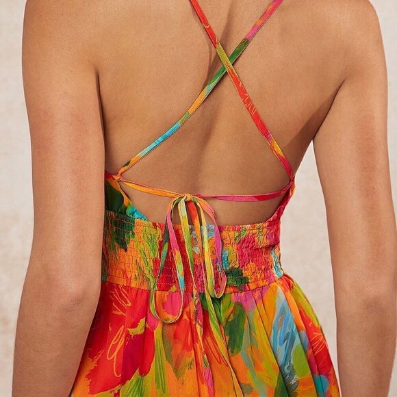 Multicolor Boho Women's Tropical Tiered Hem Backless Dress - Picture 3 of 5